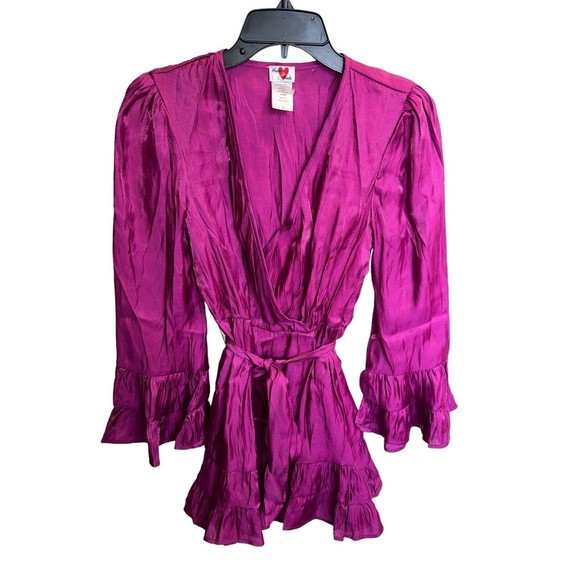 Metallic Fuchsia Tiered Satin Pleated Belted A Line V Neck Womens Medium Dress - Picture 12 of 16